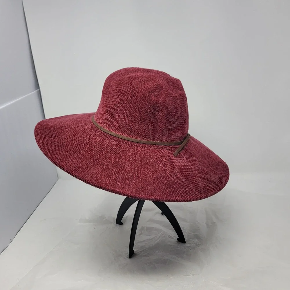 Maroon Burgundy Wide-brim Floppy Hat Knit Faux Leather Band Adjustable‎ Boho